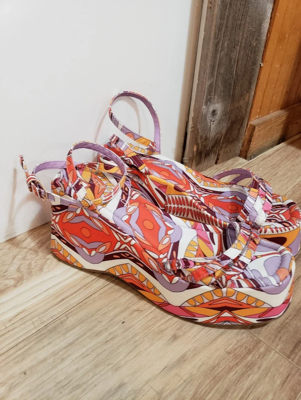 70's Colorful Psychedelic Paisley Strappy Platform Sandal 7.5 Festival Retro